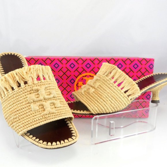 NIB $378 Tory Burch Eleanor Raffia Kitten-Heel Mules Double T Slip On Sandal 6.5 - Picture 11 of 11